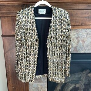 Sequin black gold silver all over vintage evening jacket formal cocktail small
